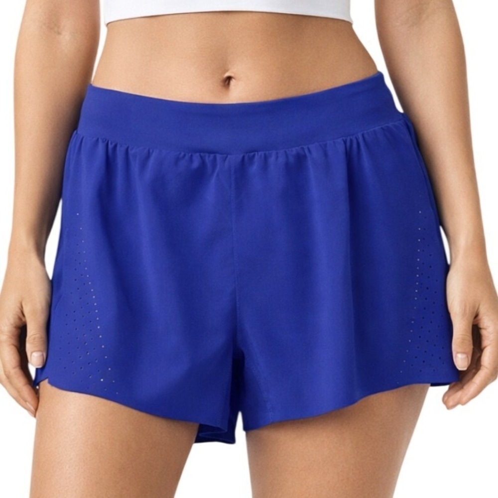 Athleta Fast Route Lasercut Run Workout Short Blue Built-in Liner Women's Size L